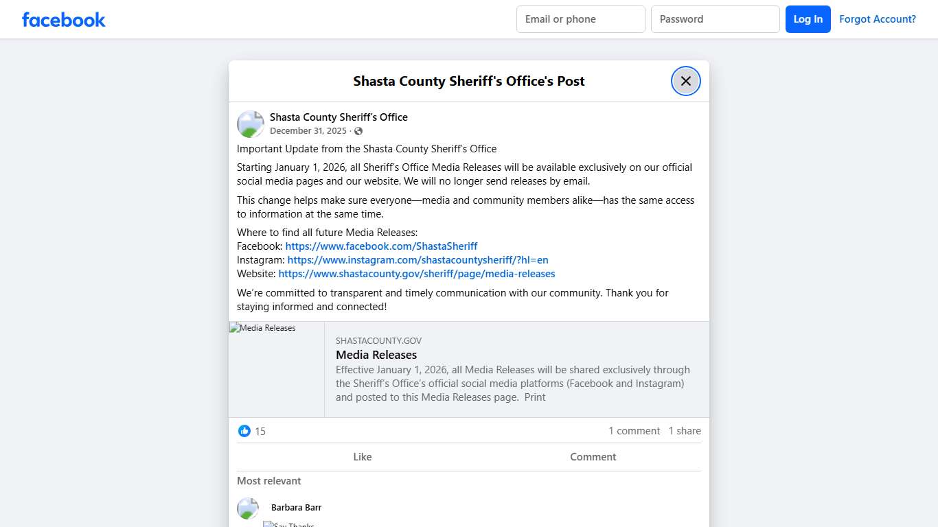 Important Update from the... - Shasta County Sheriff's Office Facebook